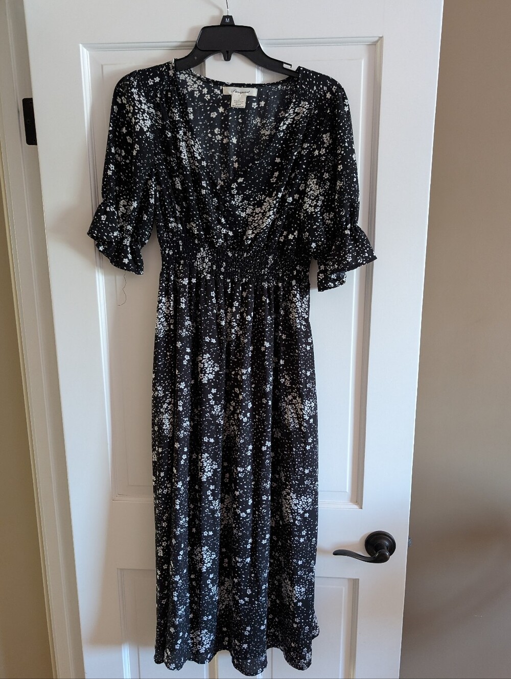 Women's Black Floral Midi Dress with V-Neck